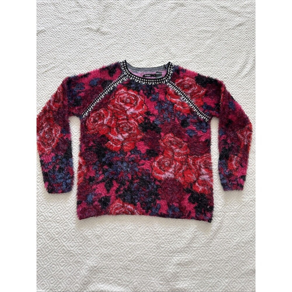 Desigual Fuzzy Multicolor Floral Rose Pattern Sweater XL Super Soft Pullover
